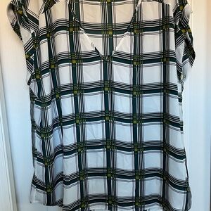 New York & Company Black and Green Plaid V-Neck Blouse